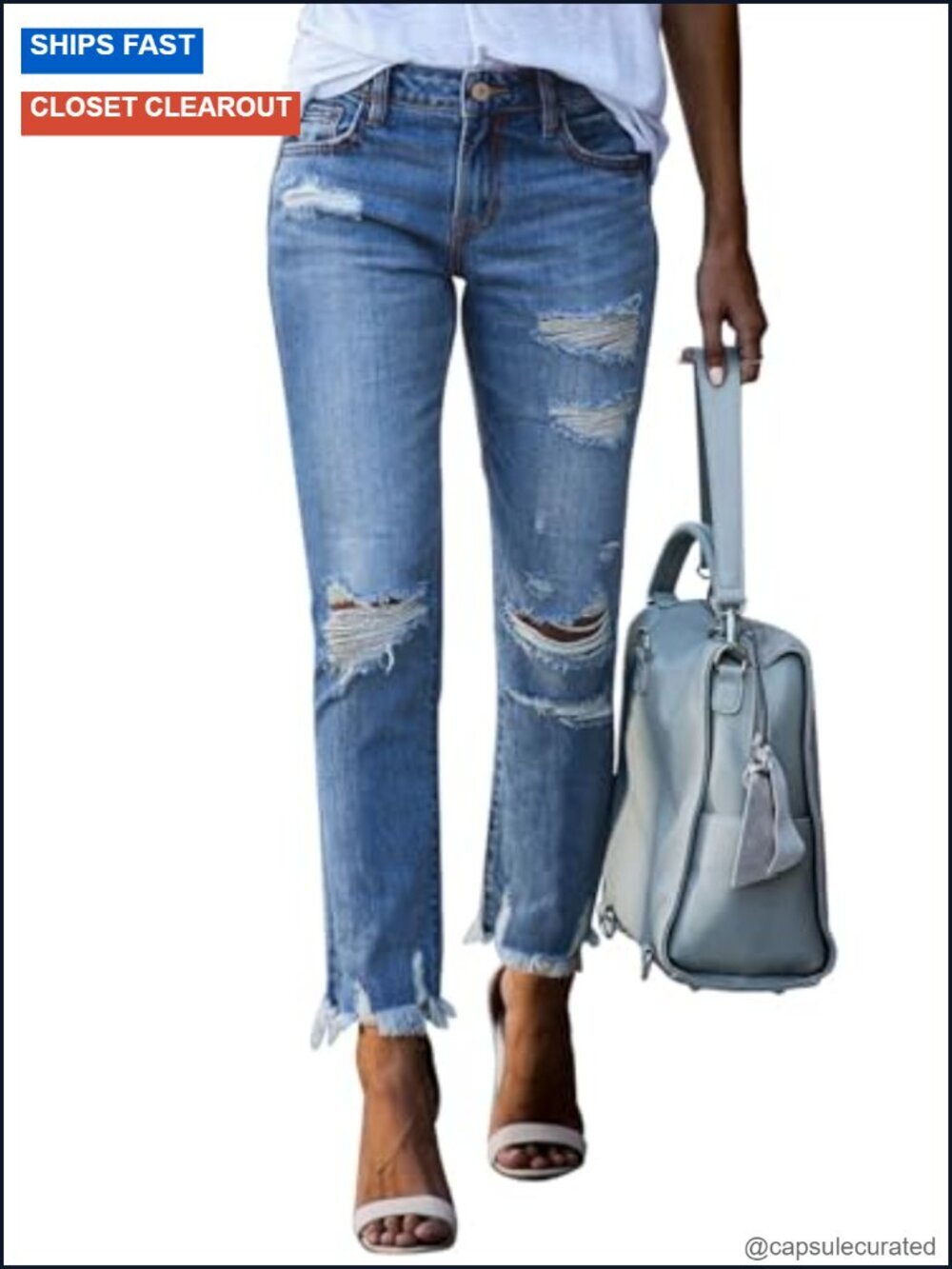 Straight Leg Distressed Boyfriend Jeans, Ripped Denim Pants, Casual Mid Rise